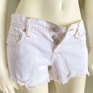 size 24 womens Free People solid white raw hem‎ distressed button fly shorts